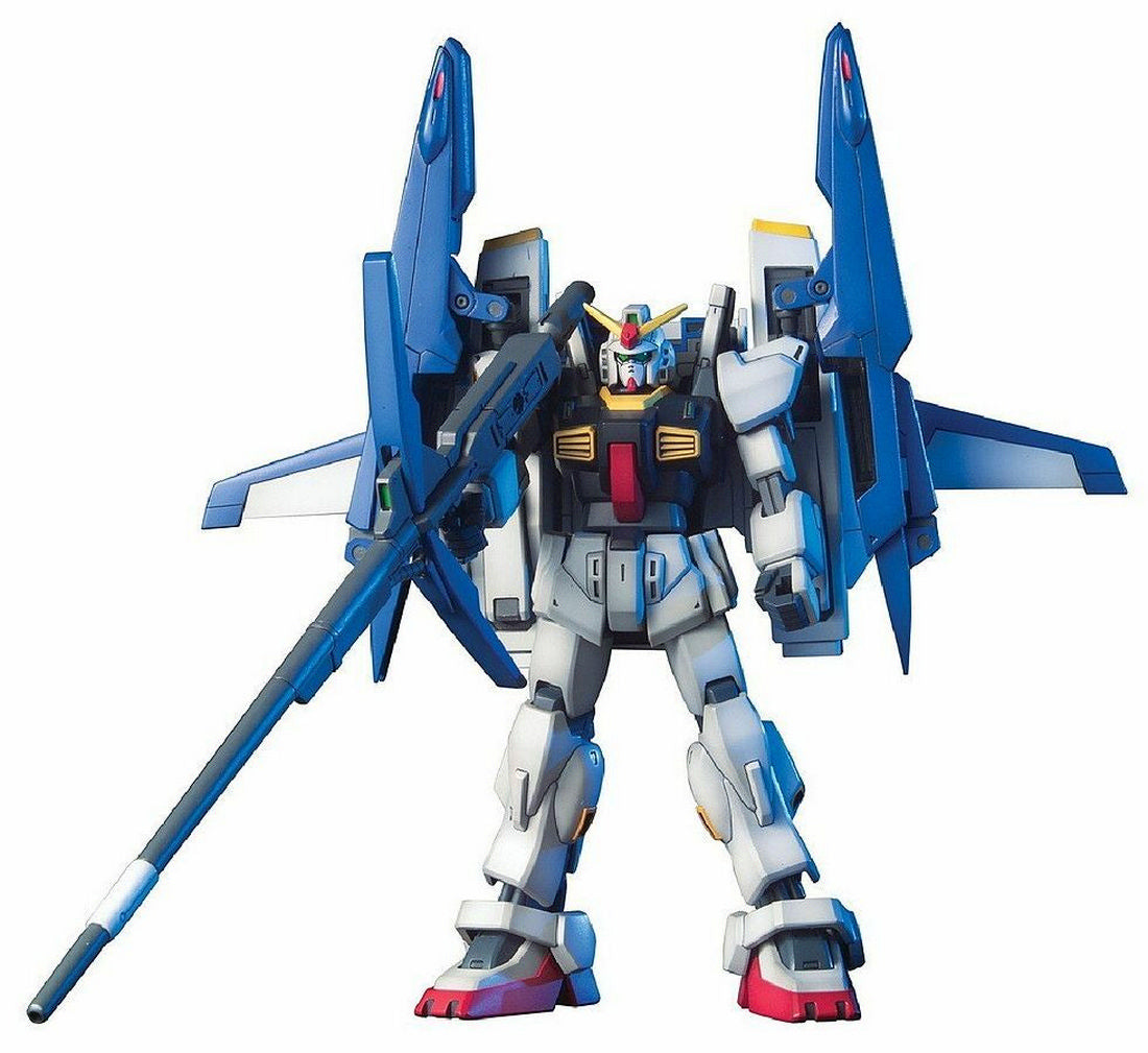 White and gray Gundam model standing, holding a long beam rifle, with large blue shoulder binders