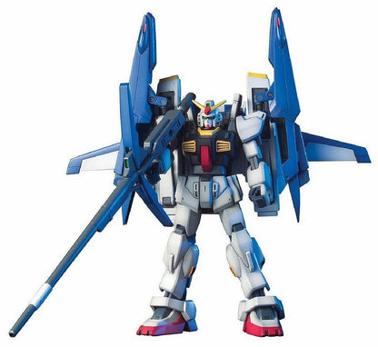White and gray Gundam model standing, holding a long beam rifle, with large blue shoulder binders