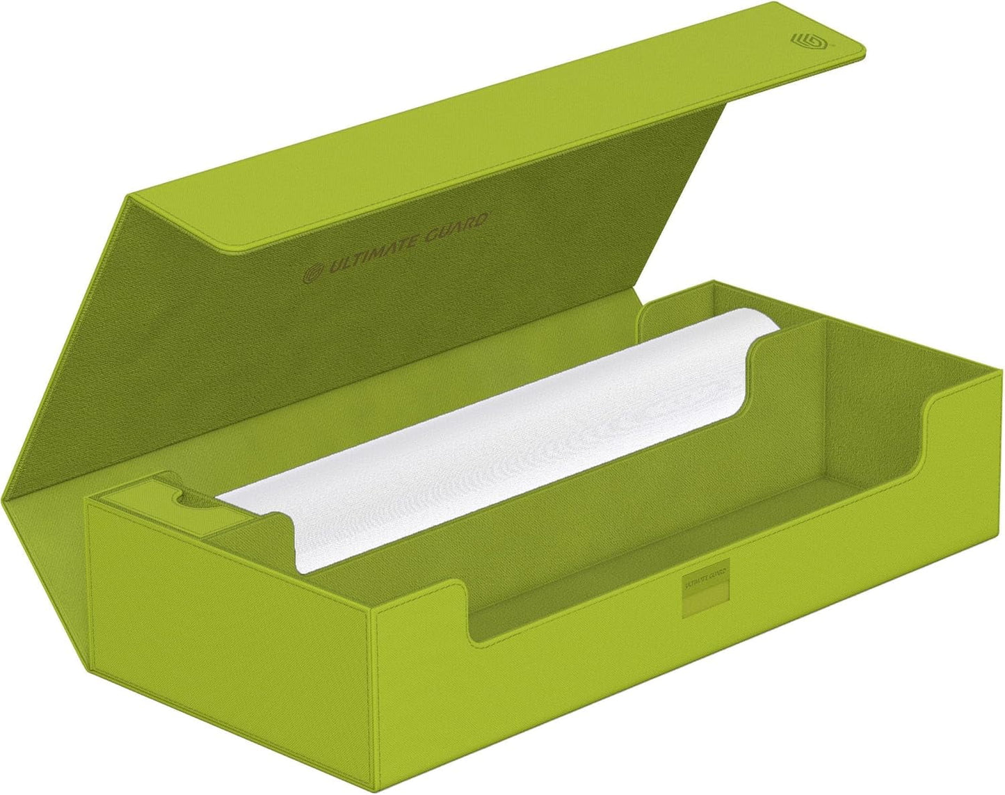 Open lime green Ultimate Guard card deck box showing internal compartments and divider