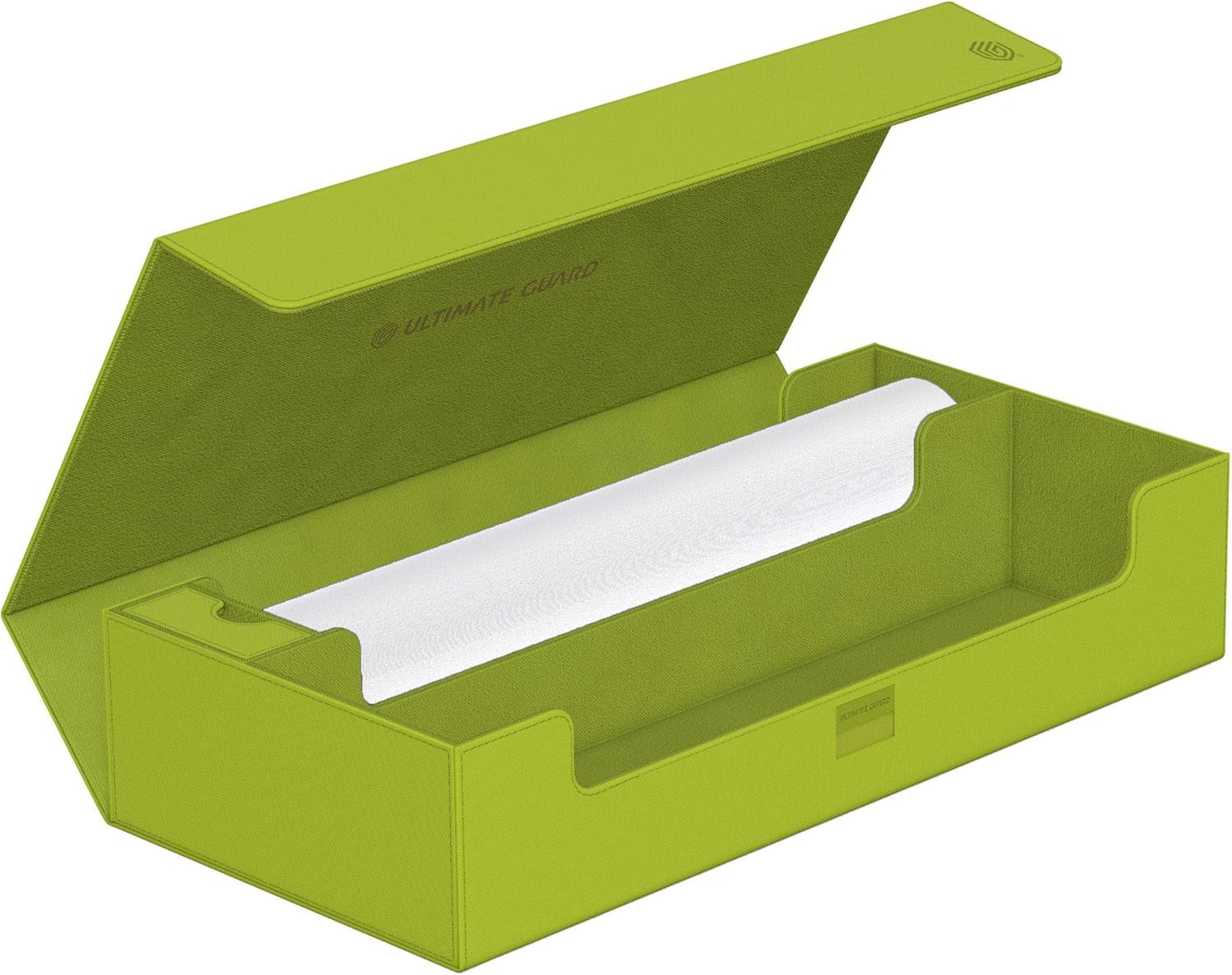 Open lime green Ultimate Guard card deck box showing internal compartments and divider
