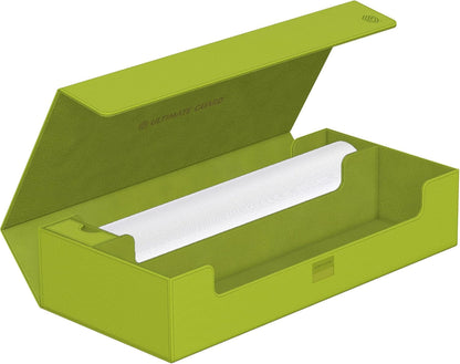 Open lime green Ultimate Guard card deck box showing internal compartments and divider
