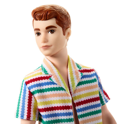 Ken doll with brown hair wears an open -  multicolor wavy-striped shirt