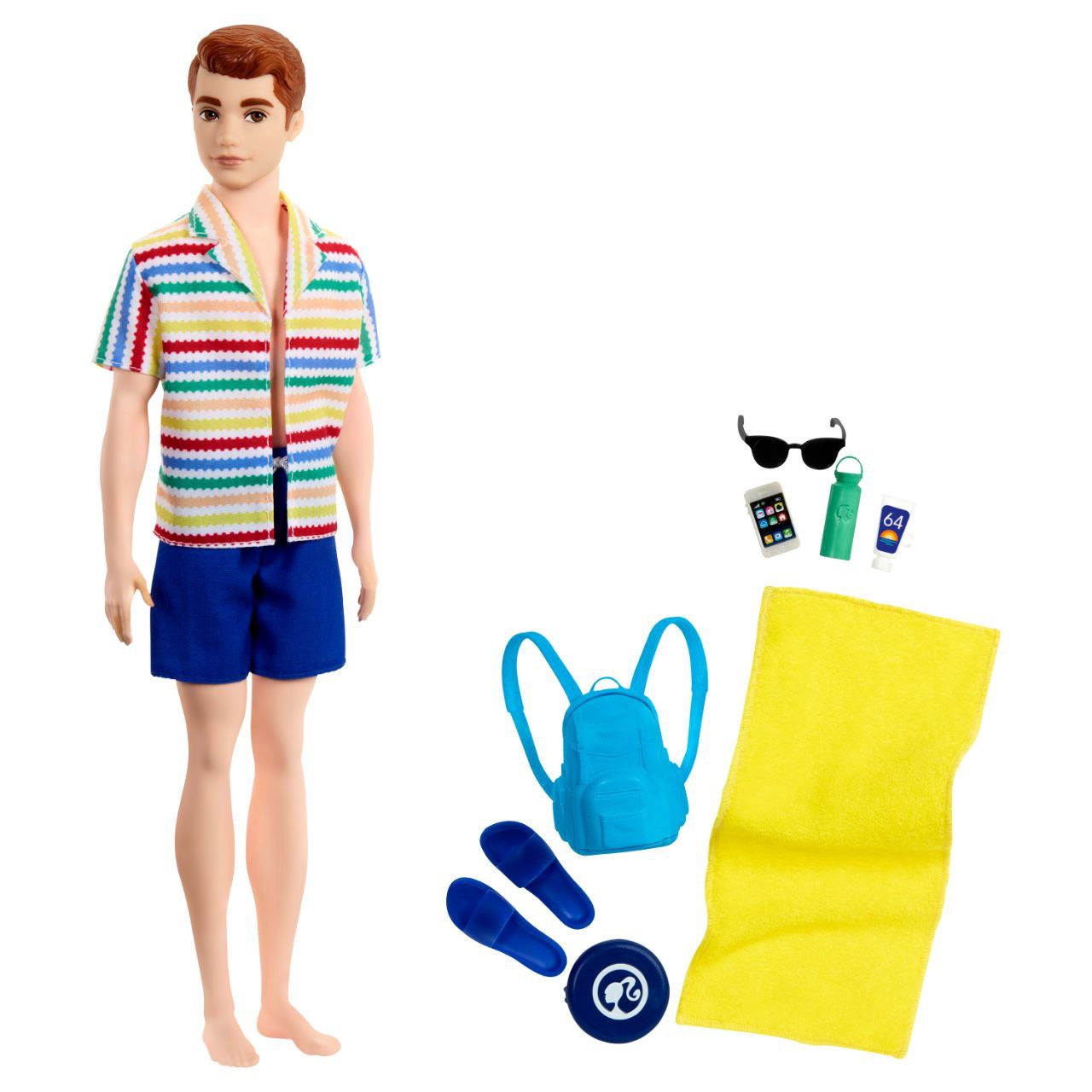 Ken doll in summer outfit: colorful striped shirt -  blue shorts with beach accessories: blue backpack -  yellow towel -  sunglasses -  sunscreen