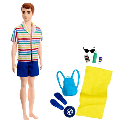 Ken doll in summer outfit: colorful striped shirt -  blue shorts with beach accessories: blue backpack -  yellow towel -  sunglasses -  sunscreen