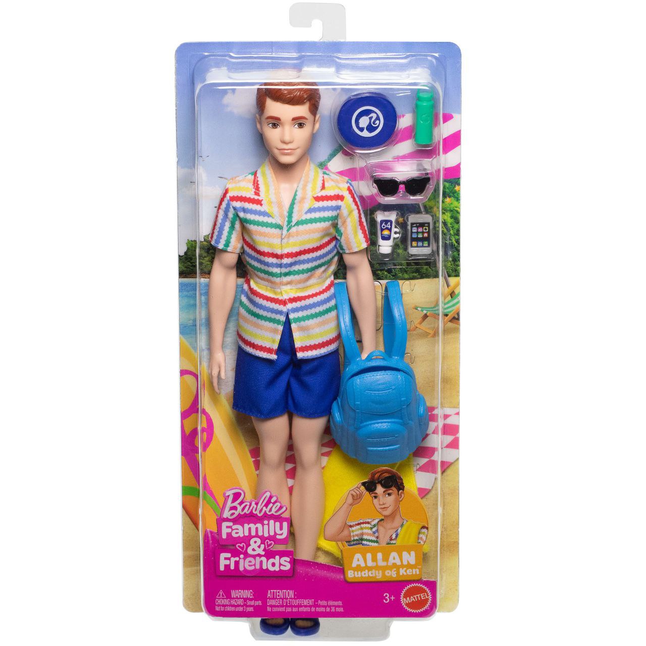 Packaged Allan doll wears a striped shirt -  blue shorts -  with a blue backpack -  sunglasses -  and beach accessories