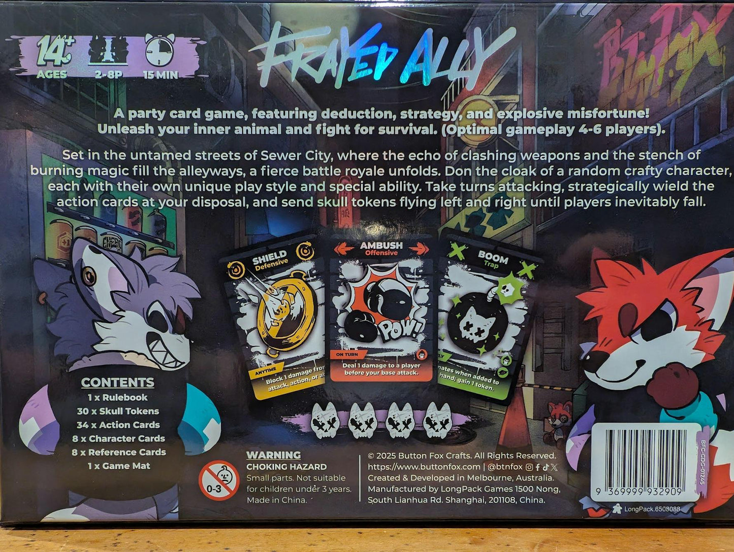 Back of the Frayed Ally: A Crafty Battle Royale Card Game box with two furry characters, game text, and three illustrated action cards