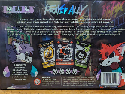 Back of the Frayed Ally: A Crafty Battle Royale Card Game box with two furry characters, game text, and three illustrated action cards