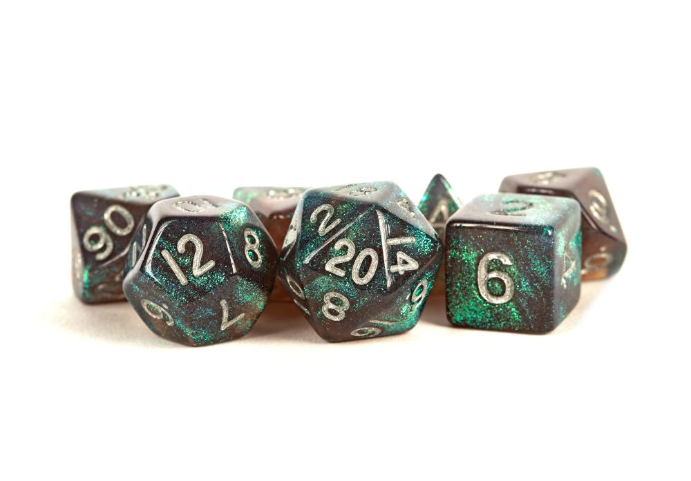 MDG Polyhedral Acrylic Dice Set 16mm with Silver Numbers- Stardust Gray