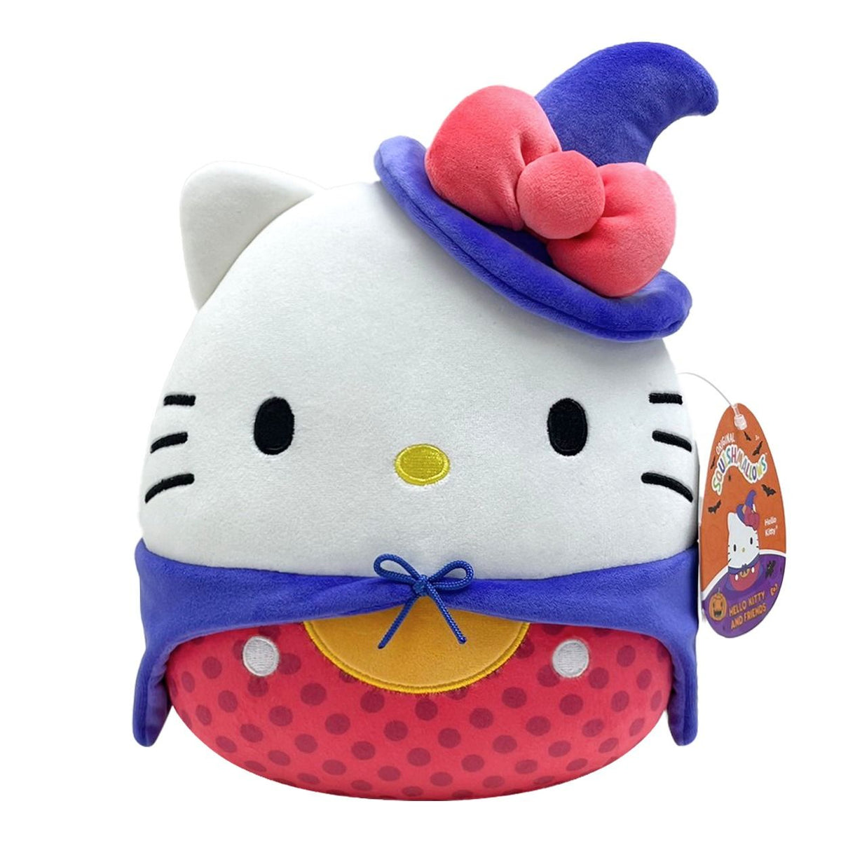 Hello Kitty Squishmallow plush dressed in a Halloween costume featuring a blue witch hat adorned with a pink bow, a blue cape, and a red polka-dot body
