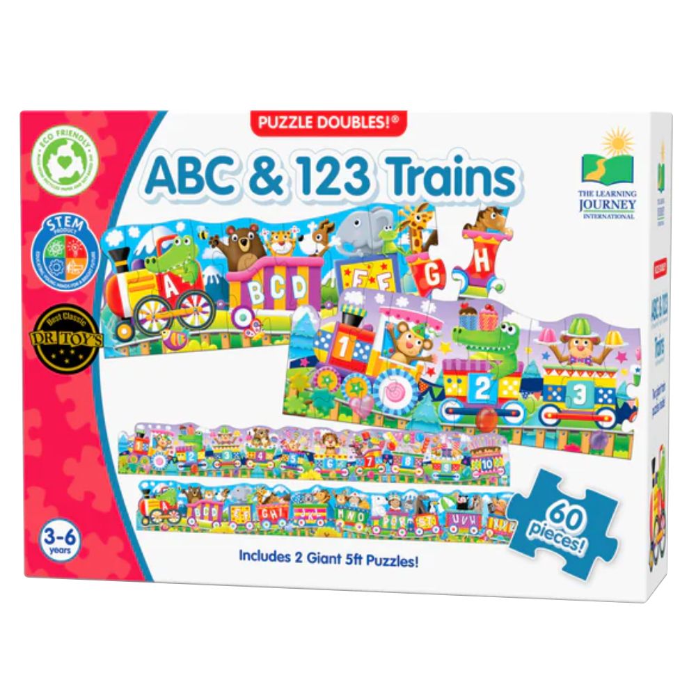ABC & 123 Trains 60-piece puzzle box showing colourful train cars with alphabet letters, numbers, and cartoon animals (crocodile, bear, monkey)