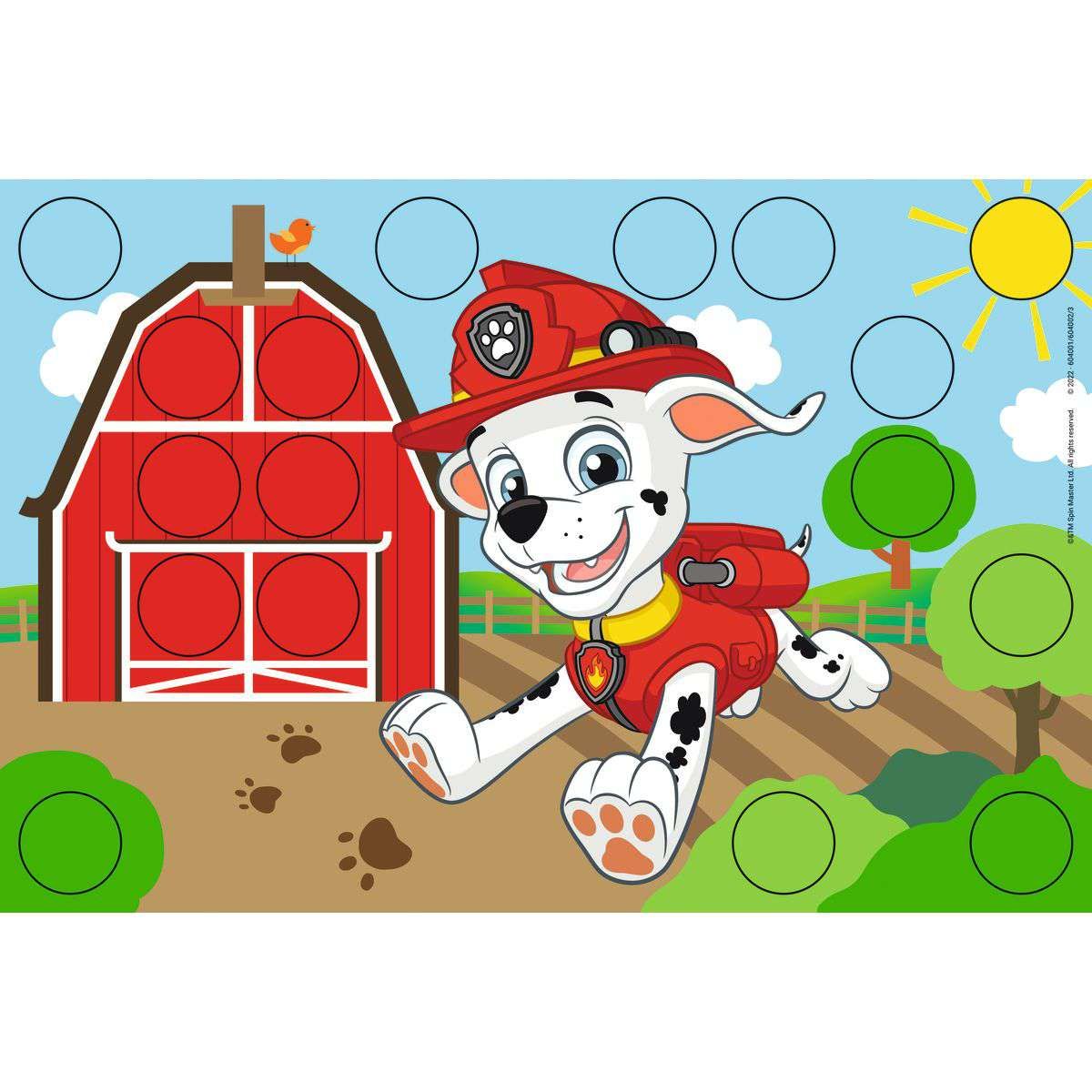 Marshall the PAW Patrol Dalmatian runs near a red barn, dot marker activity page with circles for colouring or stickers