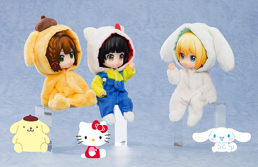 Three Nendoroid dolls wearing fuzzy Sanrio character costumes sit on clear risers