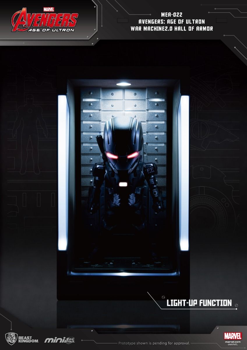 War Machine Mini Egg Attack figure in light-up Hall of Armor display