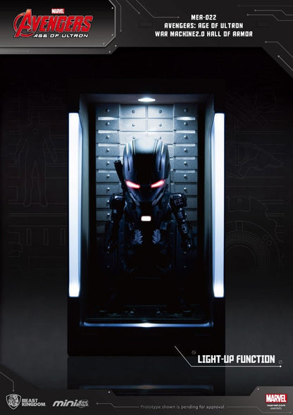 War Machine Mini Egg Attack figure in light-up Hall of Armor display