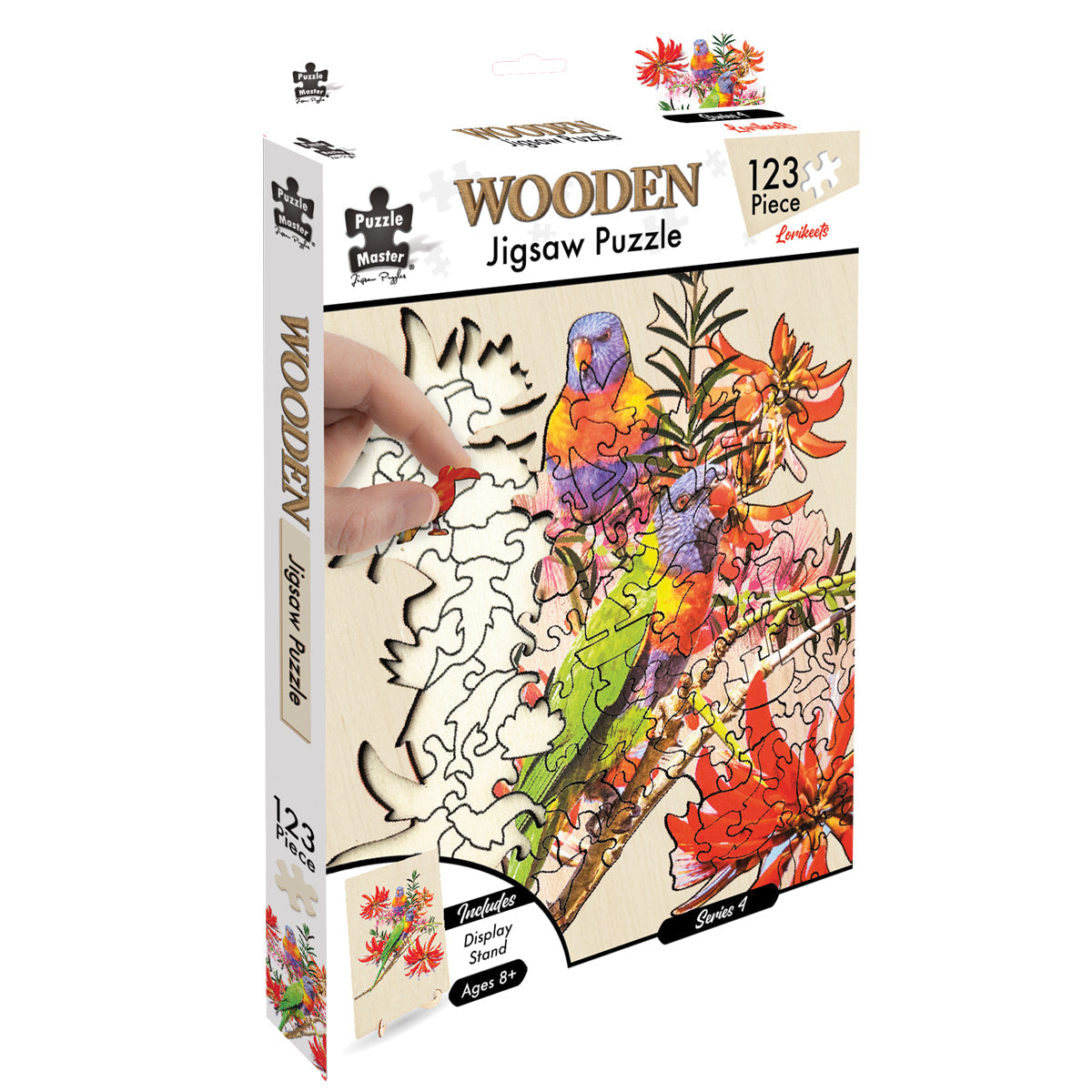 Wooden Jigsaw Puzzle box, 123 pieces, design features a colourful lorikeet parrot and tropical flowers