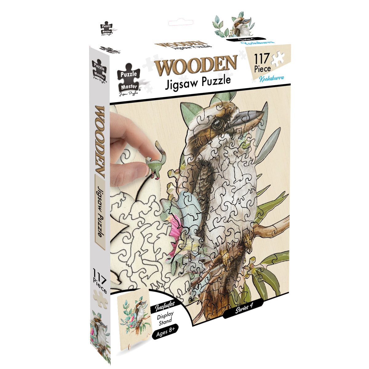 117 Piece Kookaburra Wooden Jigsaw Puzzle box art, hand placing a unique, animal-shaped piece