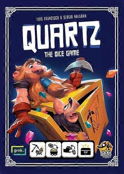 Quartz The Dice Game box art features two cartoon dwarves mining with colorful crystals and treasure chest