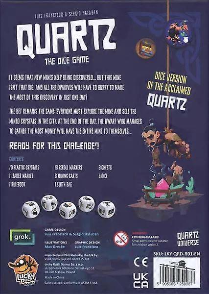 Quartz The Dice Game box back shows game contents list and dwarf mining for crystals