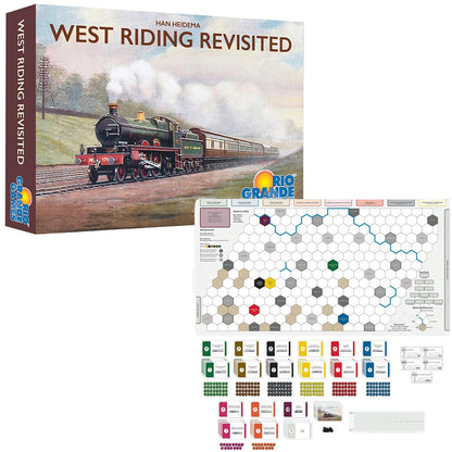 West Riding Revisited board game and components: box with steam train, hexagonal board, cards, tokens, and money