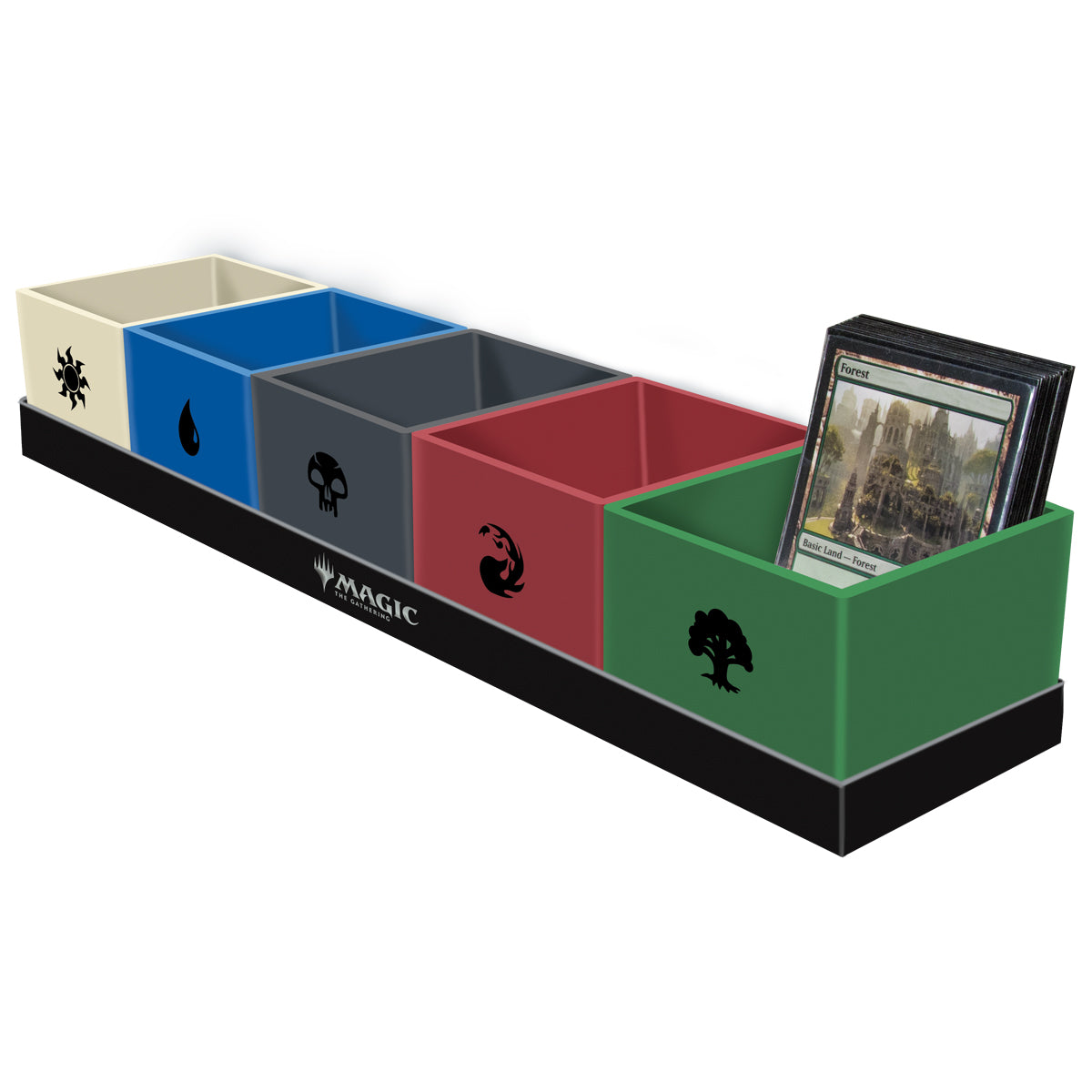 Magic: The Gathering card organizer, five coloured compartments with mana symbols, one holding Forest land cards