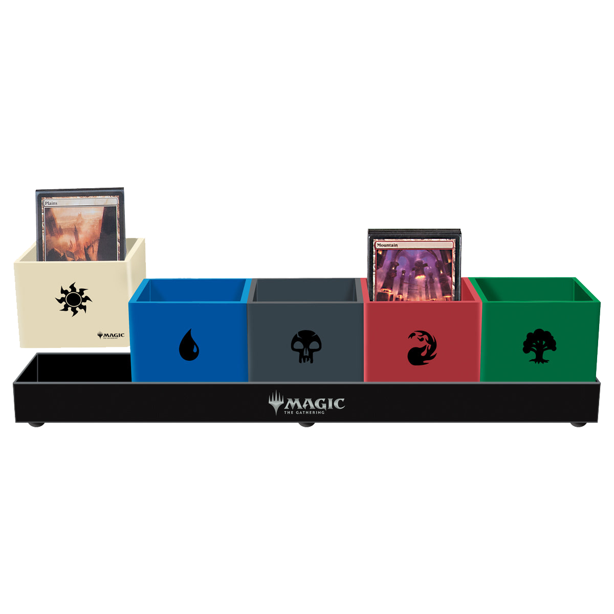 Magic: The Gathering Land Station with 5 colourful square bins, each featuring a mana symbol, some holding cards