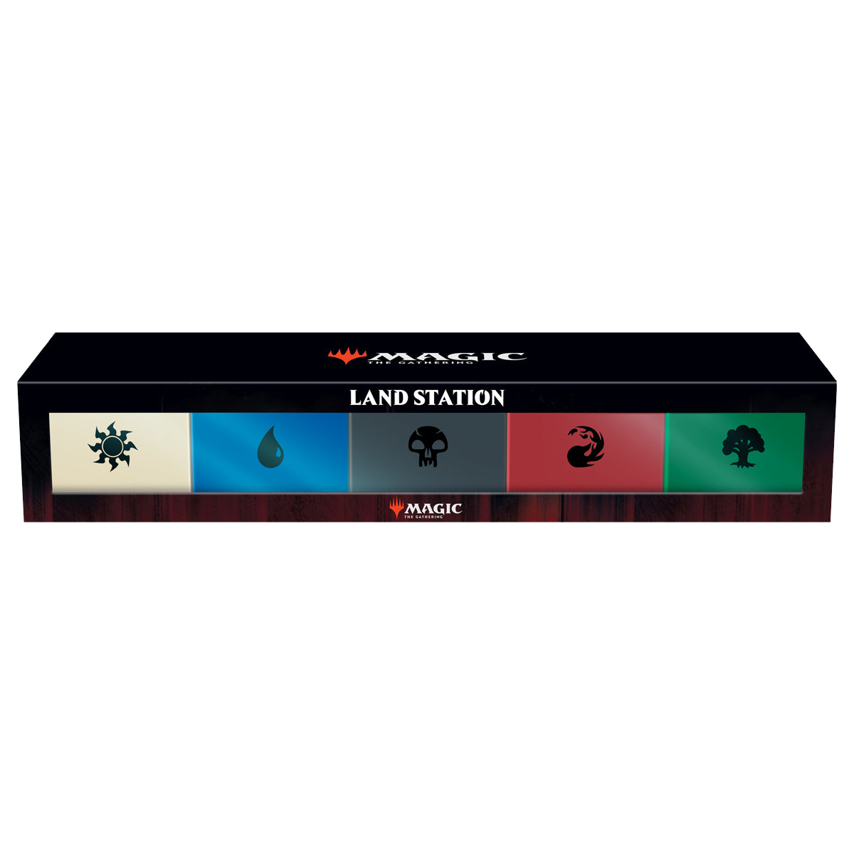 A black Magic: The Gathering Land Station box displaying the five basic mana symbols