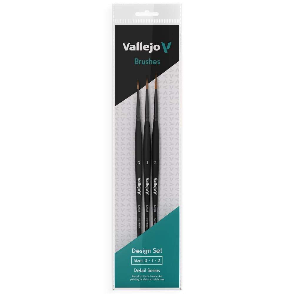 A Vallejo Detail Series Design Set containing three round synthetic brushes in sizes zero, one, and two is displayed sealed in retail packaging