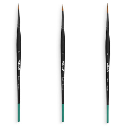 Vallejo Detail Design Set containing three synthetic brushes in sizes 0, 1, and 2, shown with black handles and teal ends
