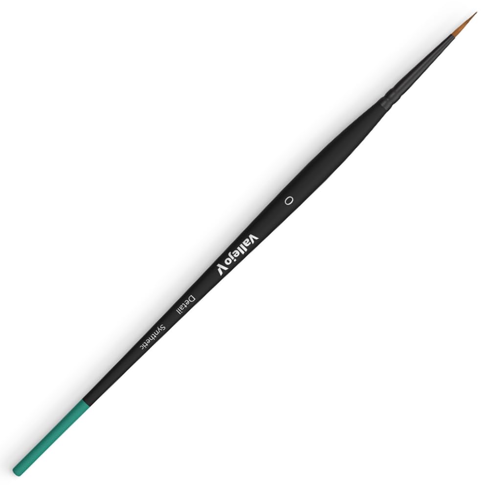 Single Vallejo Detail Synthetic fiber size 0 paintbrush with a black handle and a bright teal painted base against a white backdrop