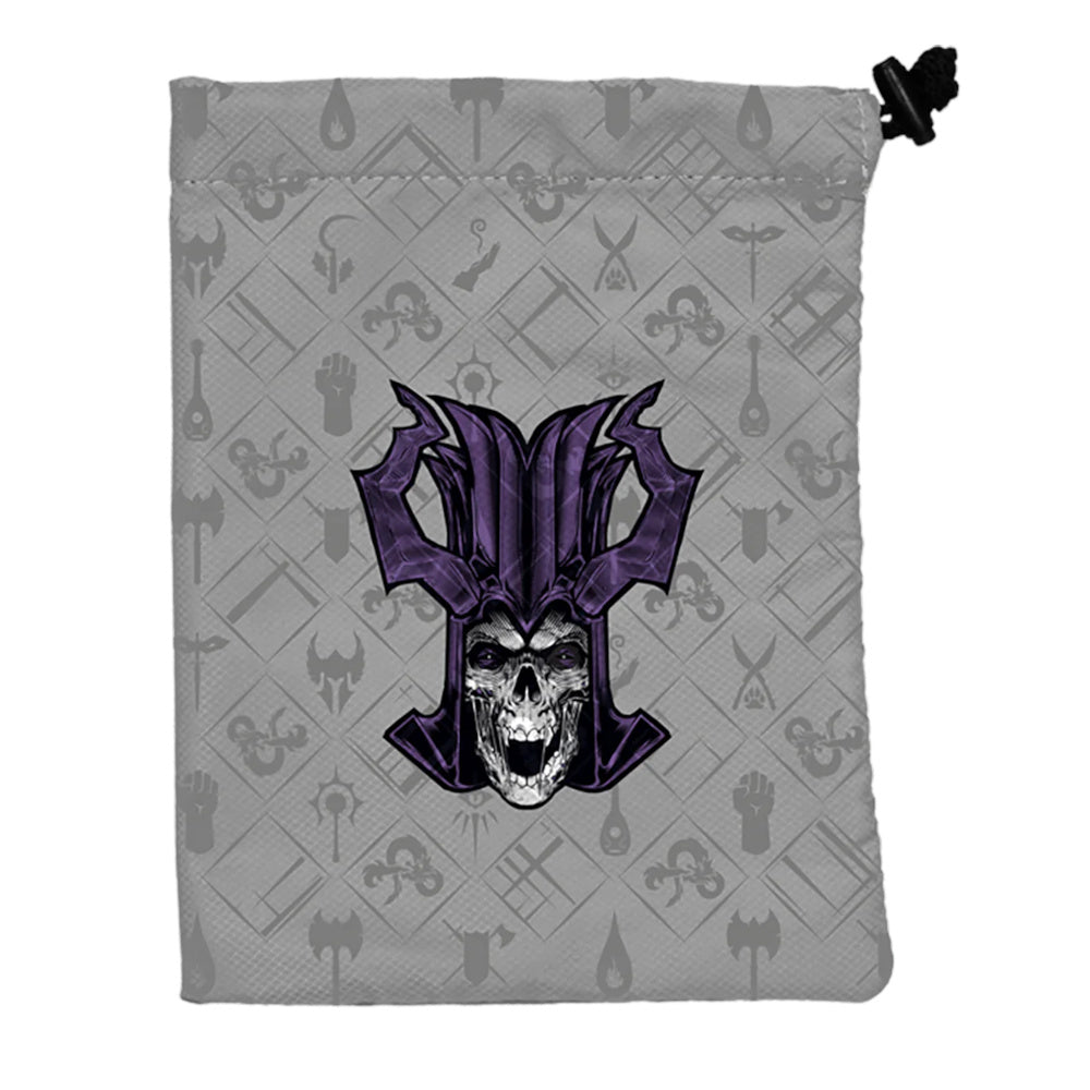 Light grey Ultra Pro  Hydro74 Treasure Nest Dice Bag  with a skull in a purple horned helmet, over subtle D&D icons