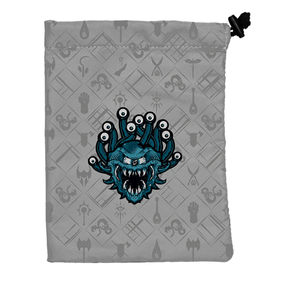 Grey drawstring bag featuring a blue Beholder monster head with many eye stalks and sharp teeth.