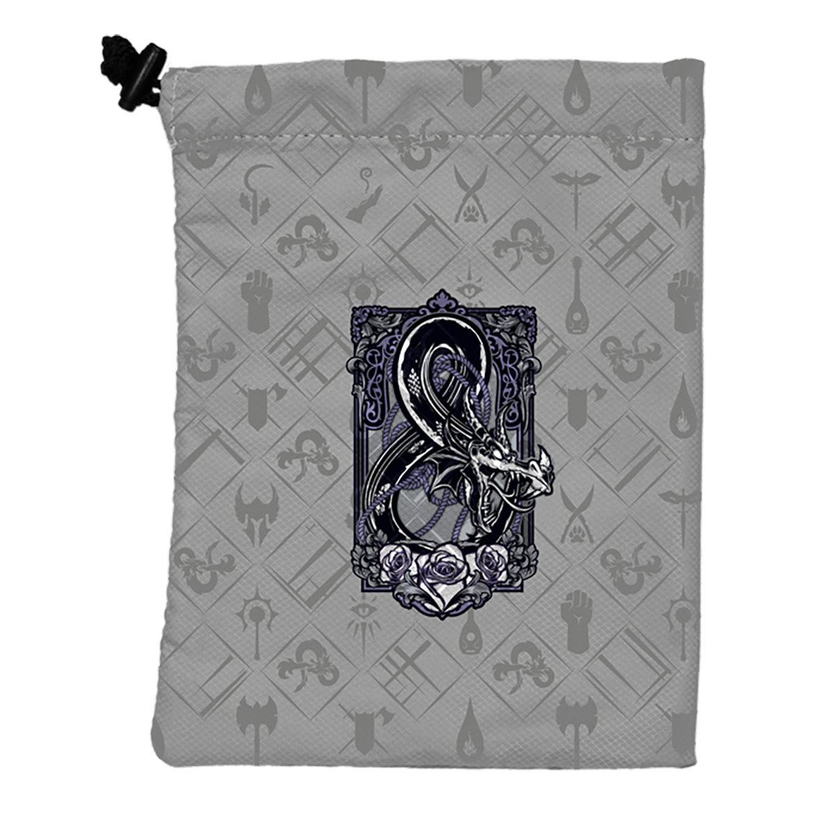 D&amp;D drawstring bag with an ornate black &amp; purple dragon ampersand logo and subtle class icons