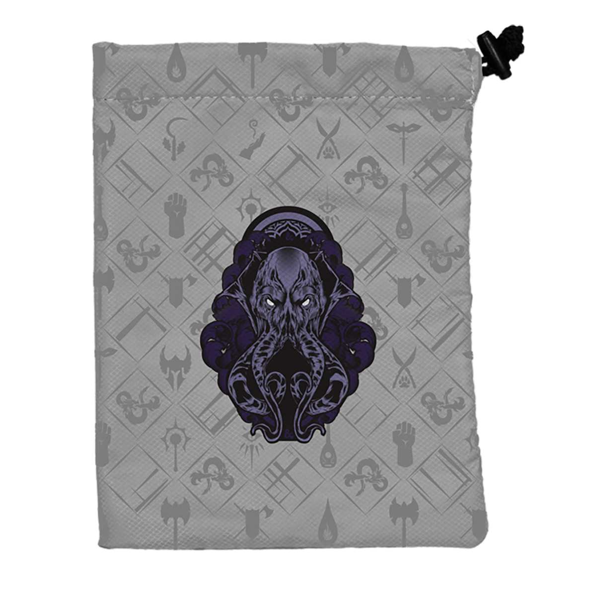 D&amp;D dice bag featuring a large purple Cthulhu head with glowing eyes, and a background pattern of D&amp;D icons