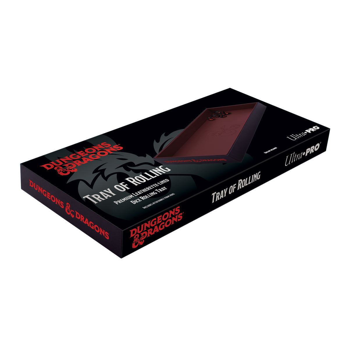 Ultra Pro Dungeons & Dragons "Tray of Rolling" box with a dragon logo, showing the brown dice tray and dice