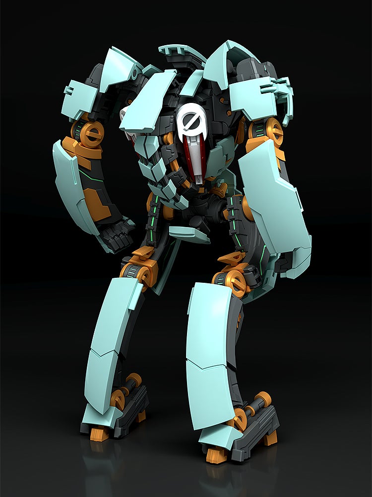 Teal and orange futuristic robot toy with detailed joints and red face panel