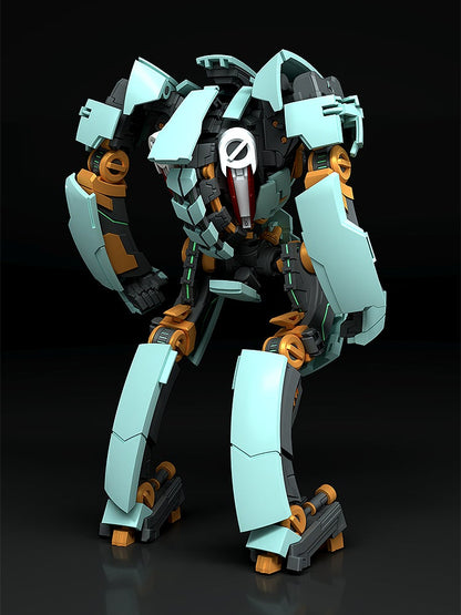 Teal and orange futuristic robot toy with detailed joints and red face panel