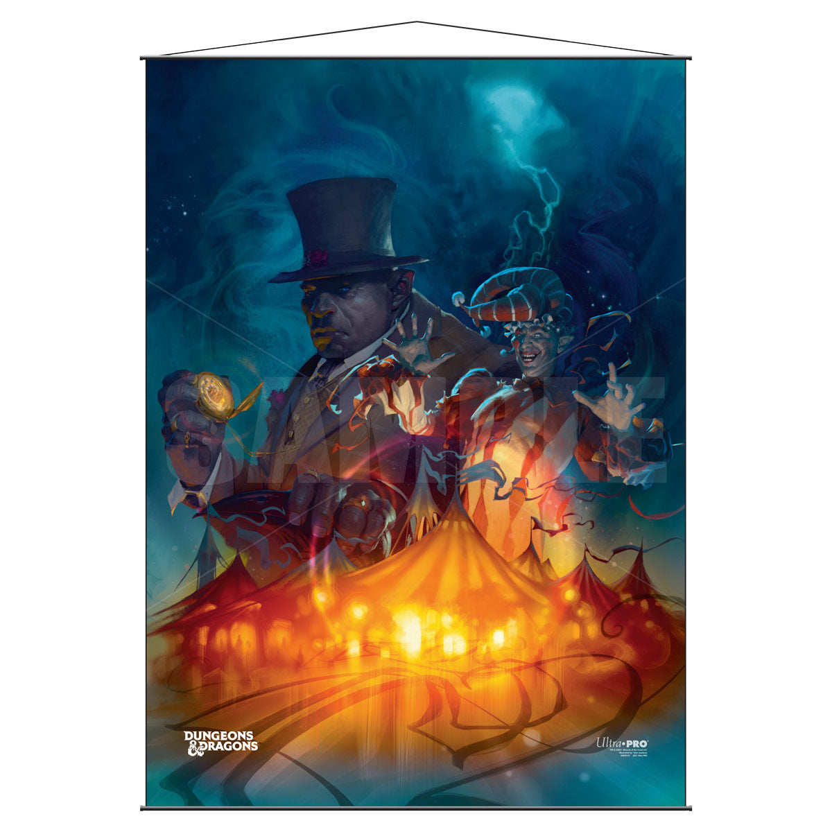 Dungeons Dragons The Wild Beyond the Witchlight wall scroll by Ultra PRO featuring a male ringmaster holding a pocket watch and a mischievous jester over a glowing carnival tent under a dark fantasy sky