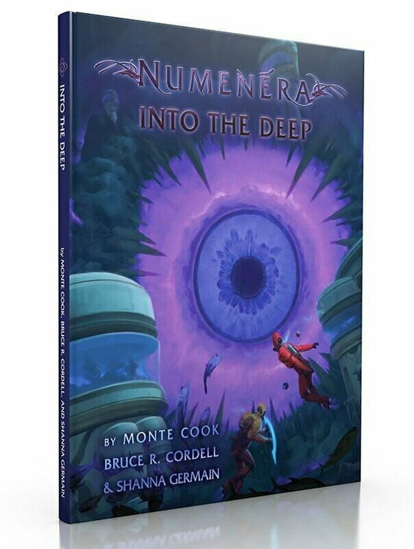 Numenera Into the Deep book cover Two sci-fi divers approach a giant, glowing purple eye portal in an alien deep-sea environment