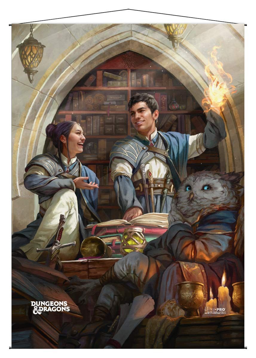 Fantasy art: Man conjures fire while a woman talks and an owl-person sits with books in a grand library. D&D art