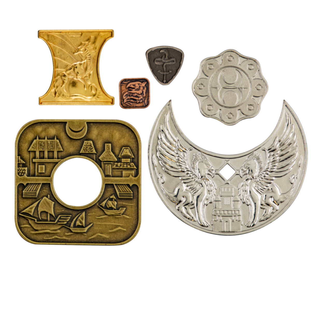 Various Dungeons and Dragons Waterdeep Coins with embossed designs of dragons, griffins, buildings, and boats on different shaped metal pieces