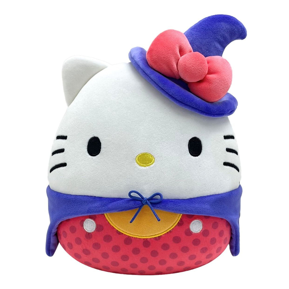 Hello Kitty Halloween Squishmallow plush wearing a floppy blue witch hat, a pink bow, and a blue cape over a red polka dot bottom section
