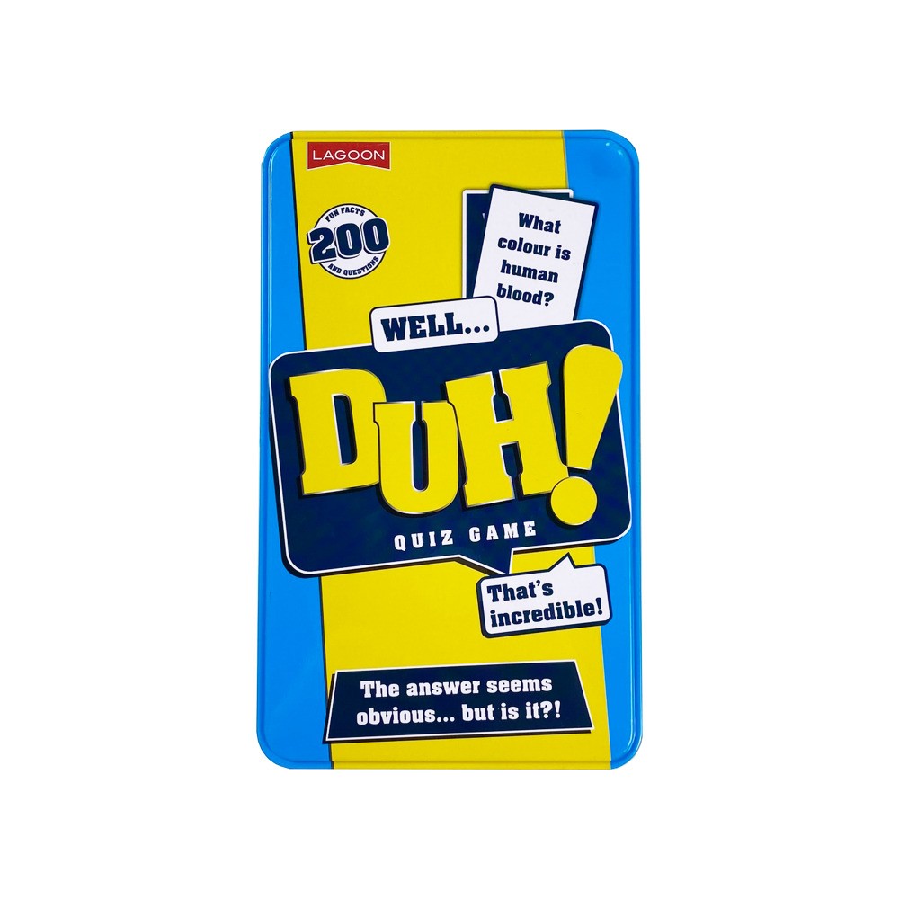 Lagoon DUH! Quiz Game tin box, featuring bold yellow and blue design with text "200 Fun Facts and Questions"