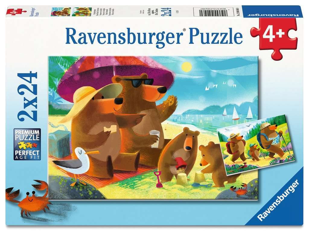 Ravensburger 2x24 puzzle box featuring cartoon bears on a sunny beach vacation and an inset of the bears hiking