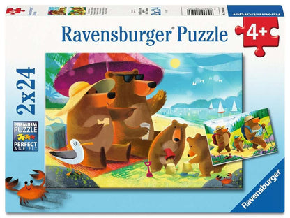 Ravensburger 2x24 puzzle box featuring cartoon bears on a sunny beach vacation and an inset of the bears hiking