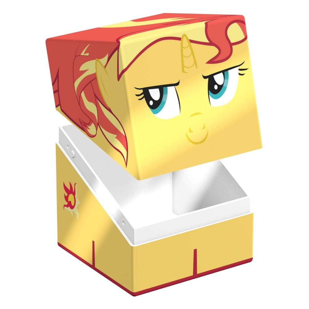 A yellow Squaroe box featuring My Little Pony&#39;s Sunset Shimmer&#39;s face on the open lid and a fiery cutie mark on the base