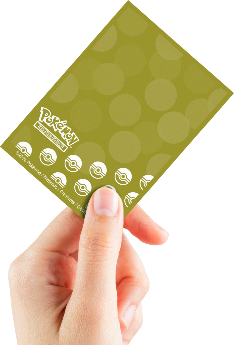 Pokémon TCG card sleeve held by a hand, showing the logo and Poké Ball icons