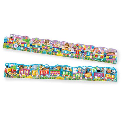 Two colourful learning puzzle strips forming trains with animal passengers, one strip features numbers 1-10, the second features the alphabet A-Z