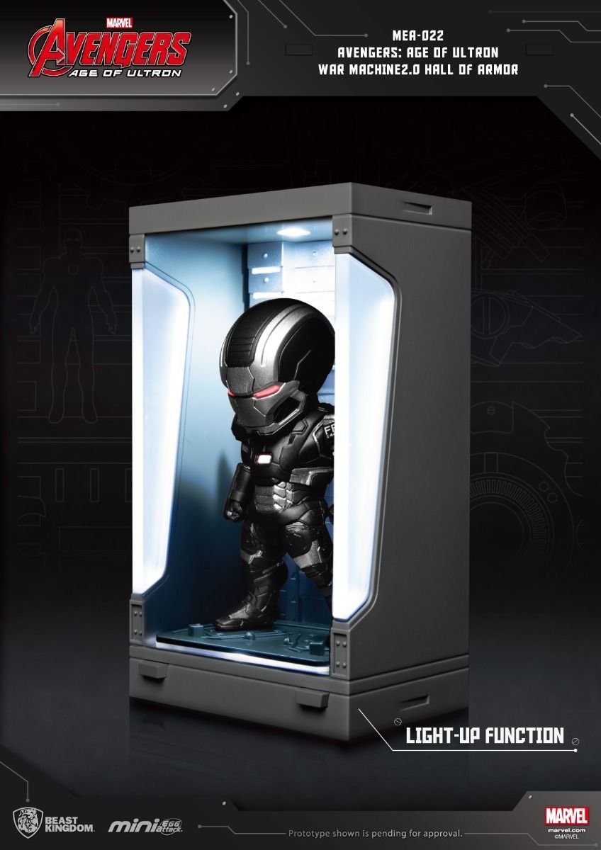 War Machine 20 Mini Egg Attack figure in Age of Ultron Hall of Armor display case with light-up function