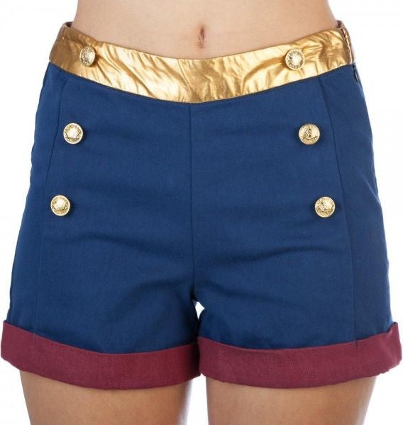 Blue sailor shorts with gold waistband and red cuffs