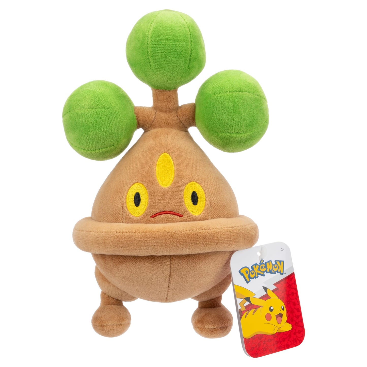 A detailed Pokémon Bonsly plush in tan and bright green is shown standing upright against a white background with the official Pikachu hang tag visible